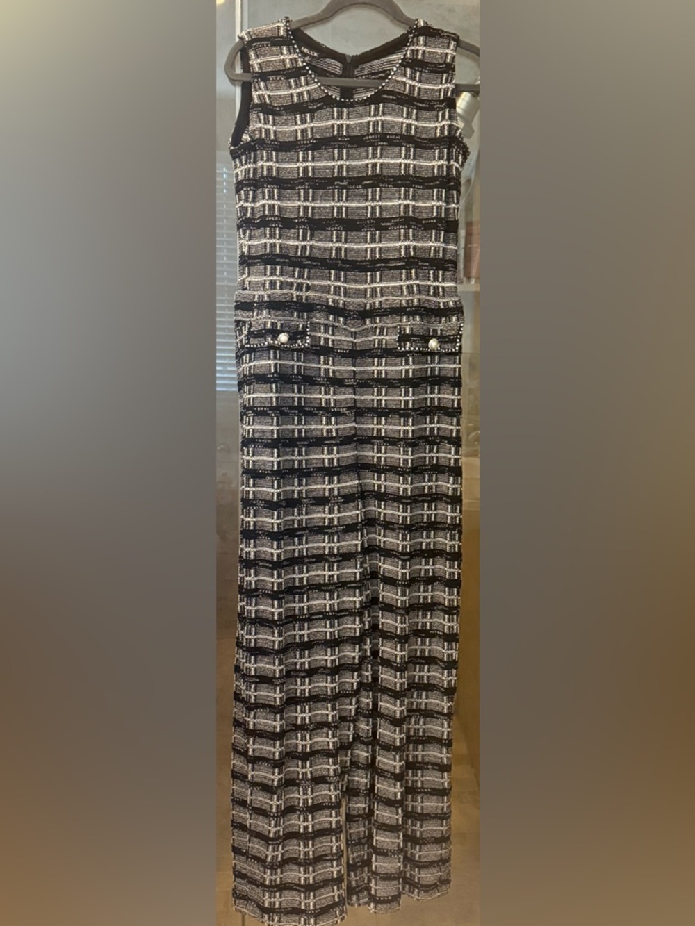 Misook Black & White Tweed Sleeveless Wide-Leg Jumpsuit